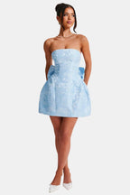 Celavie Women's Jacquard Mini Dress | Strapless Bow Wedding Guest Dress | Party & Occasion Wear