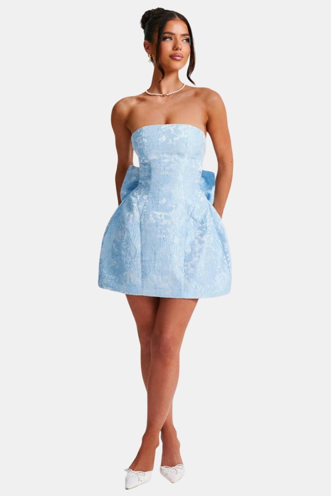 Celavie Women's Jacquard Mini Dress | Strapless Bow Wedding Guest Dress | Party & Occasion Wear