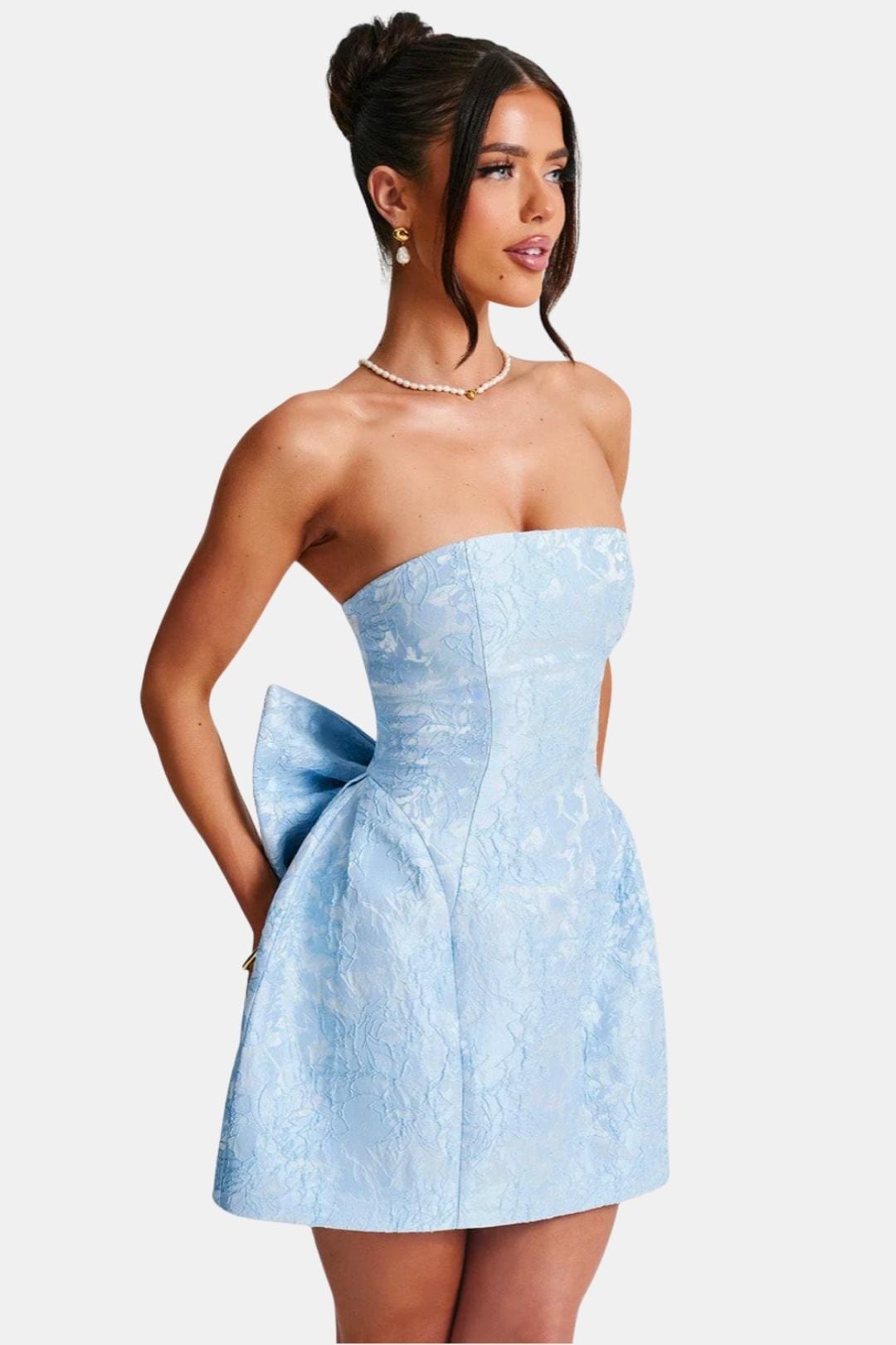 Celavie Women's Jacquard Mini Dress | Strapless Bow Wedding Guest Dress | Party & Occasion Wear