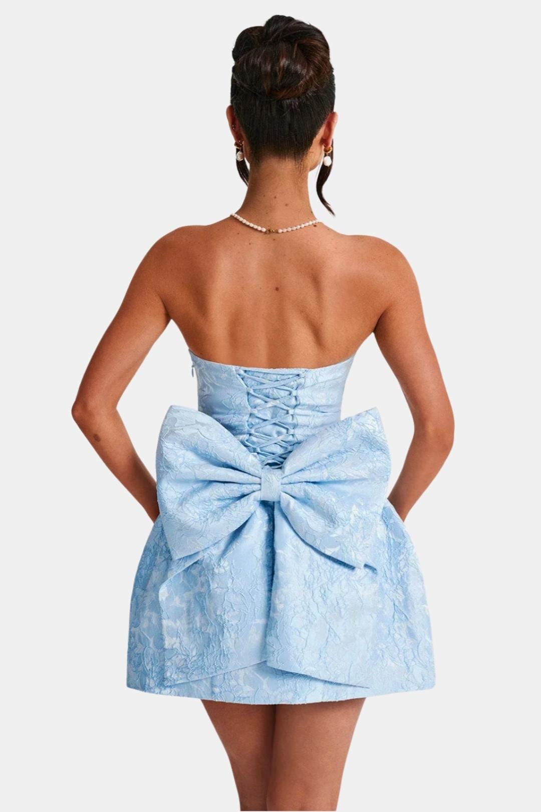 Celavie Women's Jacquard Mini Dress | Strapless Bow Wedding Guest Dress | Party & Occasion Wear