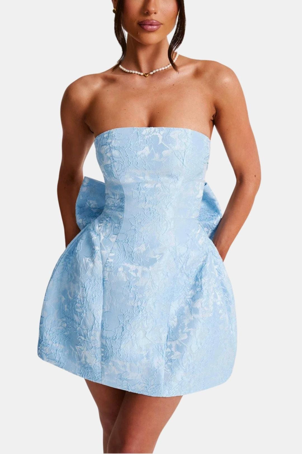 Celavie Women's Jacquard Mini Dress | Strapless Bow Wedding Guest Dress | Party & Occasion Wear
