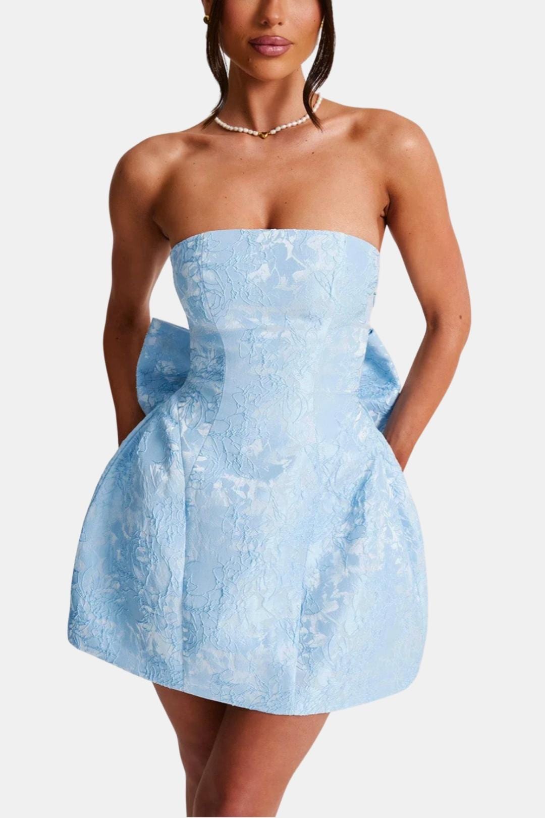 Celavie Women's Jacquard Mini Dress | Strapless Bow Wedding Guest Dress | Party & Occasion Wear