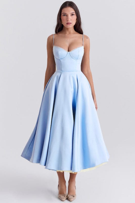 Celestina Women's Corset Bustier Full Skirt Midi Dress | Lace Trim Tea Length Occasion Dress | Evening & Going Out
