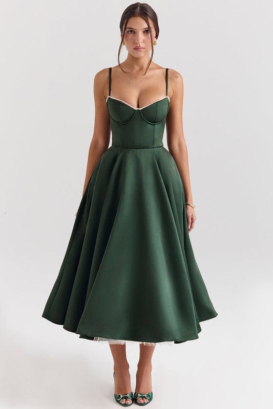 Celestina Women's Corset Bustier Full Skirt Midi Dress | Lace Trim Tea Length Occasion Dress | Evening & Going Out