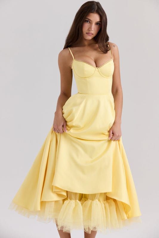 Celestina Women's Corset Bustier Full Skirt Midi Dress | Lace Trim Tea Length Occasion Dress | Evening & Going Out