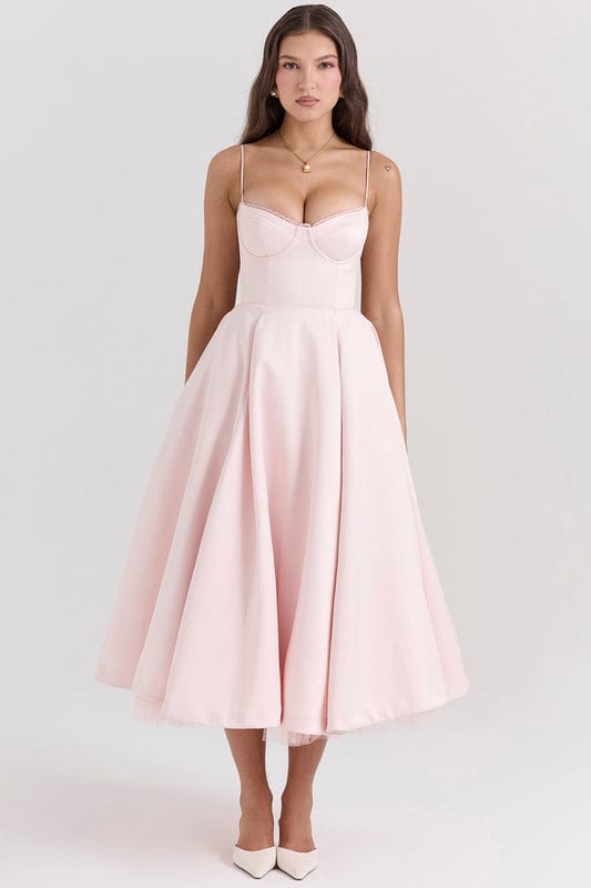Celestina Women's Corset Bustier Full Skirt Midi Dress | Lace Trim Tea Length Occasion Dress | Evening & Going Out