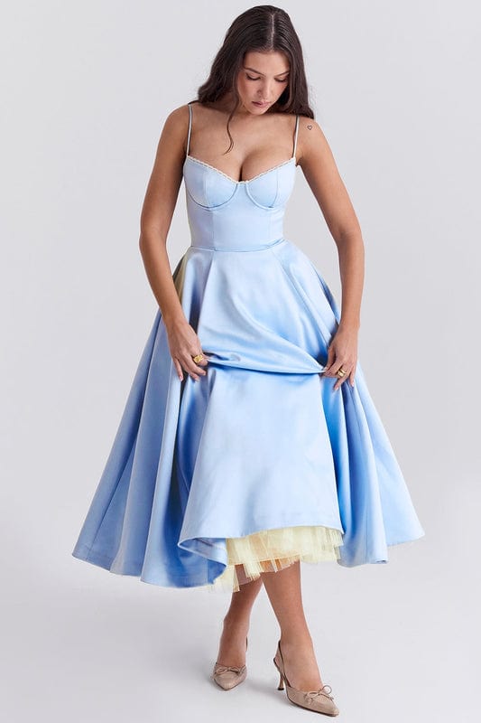 Celestina Women's Corset Bustier Full Skirt Midi Dress | Lace Trim Tea Length Occasion Dress | Evening & Going Out