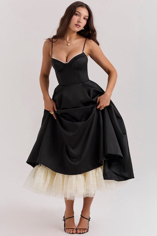 Celestina Women's Corset Bustier Full Skirt Midi Dress | Lace Trim Tea Length Occasion Dress | Evening & Going Out