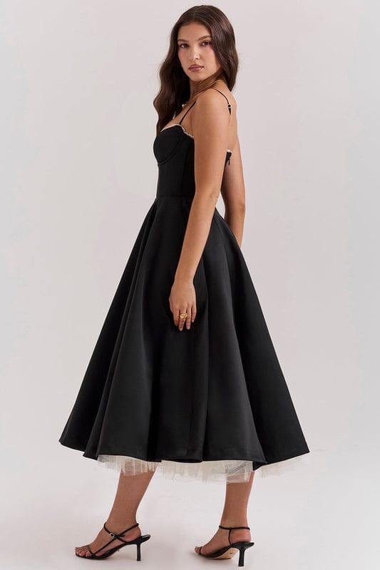 Celestina Women's Corset Bustier Full Skirt Midi Dress | Lace Trim Tea Length Occasion Dress | Evening & Going Out