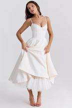 Celestina Women's Corset Bustier Full Skirt Midi Dress | Lace Trim Tea Length Occasion Dress | Evening & Going Out