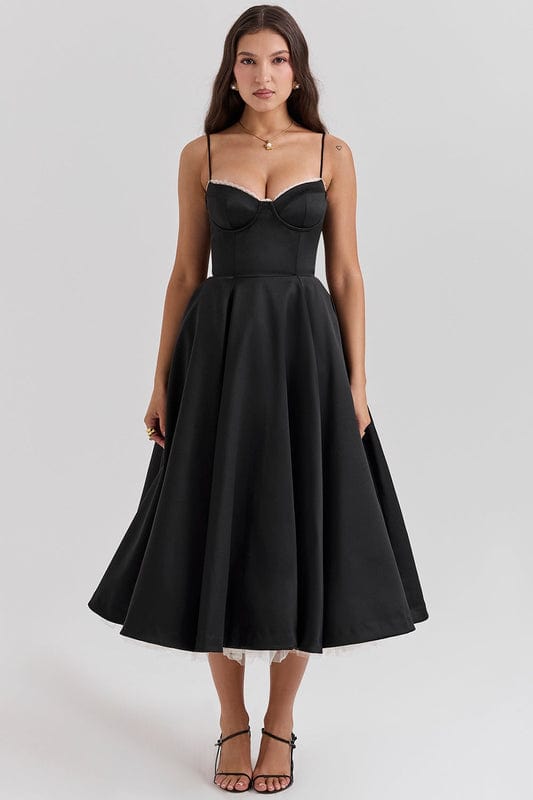 Celestina Women's Corset Bustier Full Skirt Midi Dress | Lace Trim Tea Length Occasion Dress | Evening & Going Out