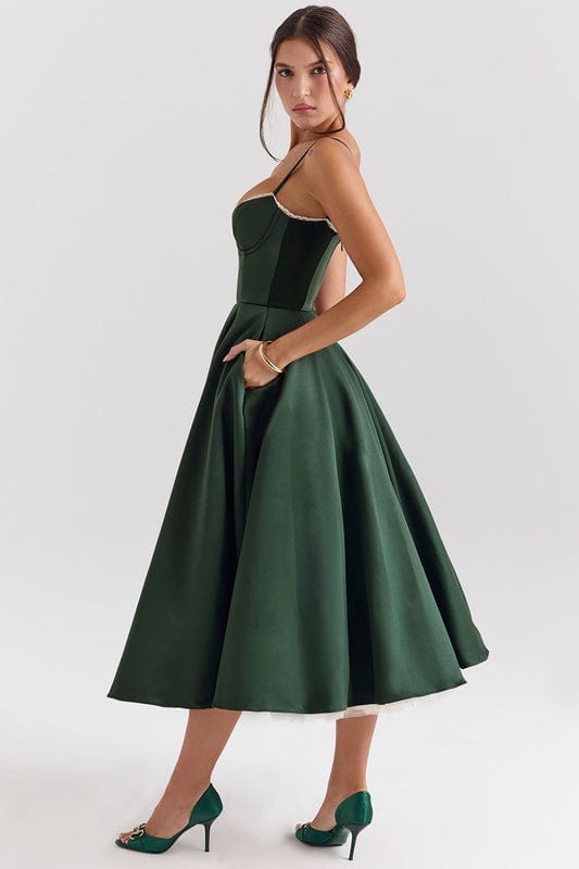 Celestina Women's Corset Bustier Full Skirt Midi Dress | Lace Trim Tea Length Occasion Dress | Evening & Going Out