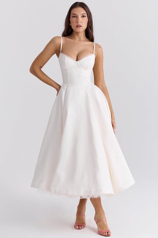 Celestina Women's Corset Bustier Full Skirt Midi Dress | Lace Trim Tea Length Occasion Dress | Evening & Going Out
