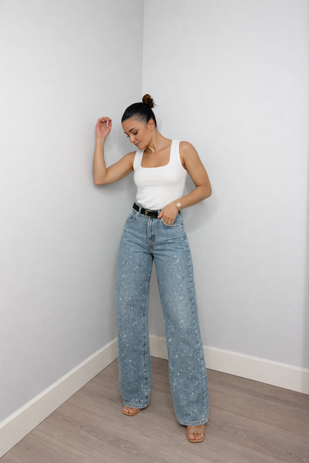 Nacira Women's High-Waist Straight Leg Jeans with Sequin Details | Light Wash Embellished Denim