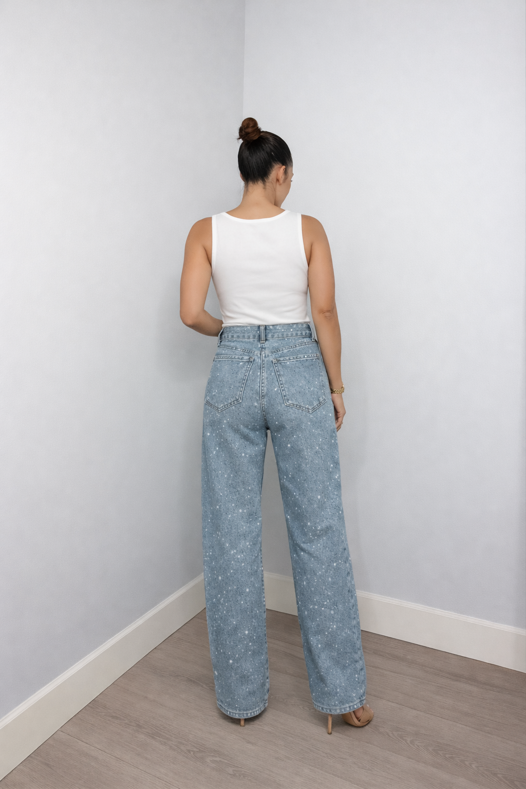 Nacira Women's High-Waist Straight Leg Jeans with Sequin Details | Light Wash Embellished Denim