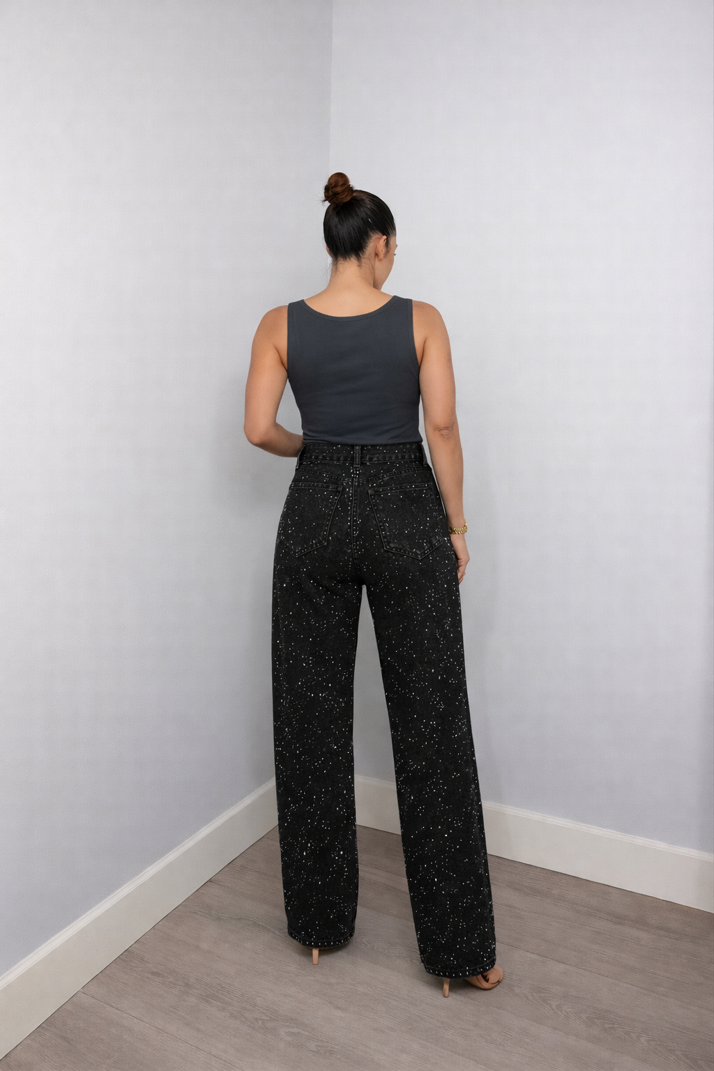 Nacira Women's High-Waist Straight Leg Jeans with Sequin Details | Light Wash Embellished Denim