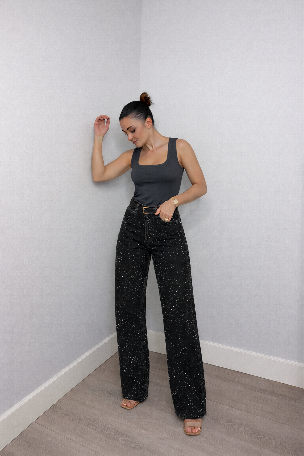 Nacira Women's High-Waist Straight Leg Jeans with Sequin Details | Light Wash Embellished Denim