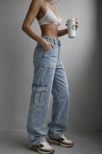 Chia Women's Cargo Jeans | Wide Leg Utility Denim | Casual Streetwear Everyday Jean