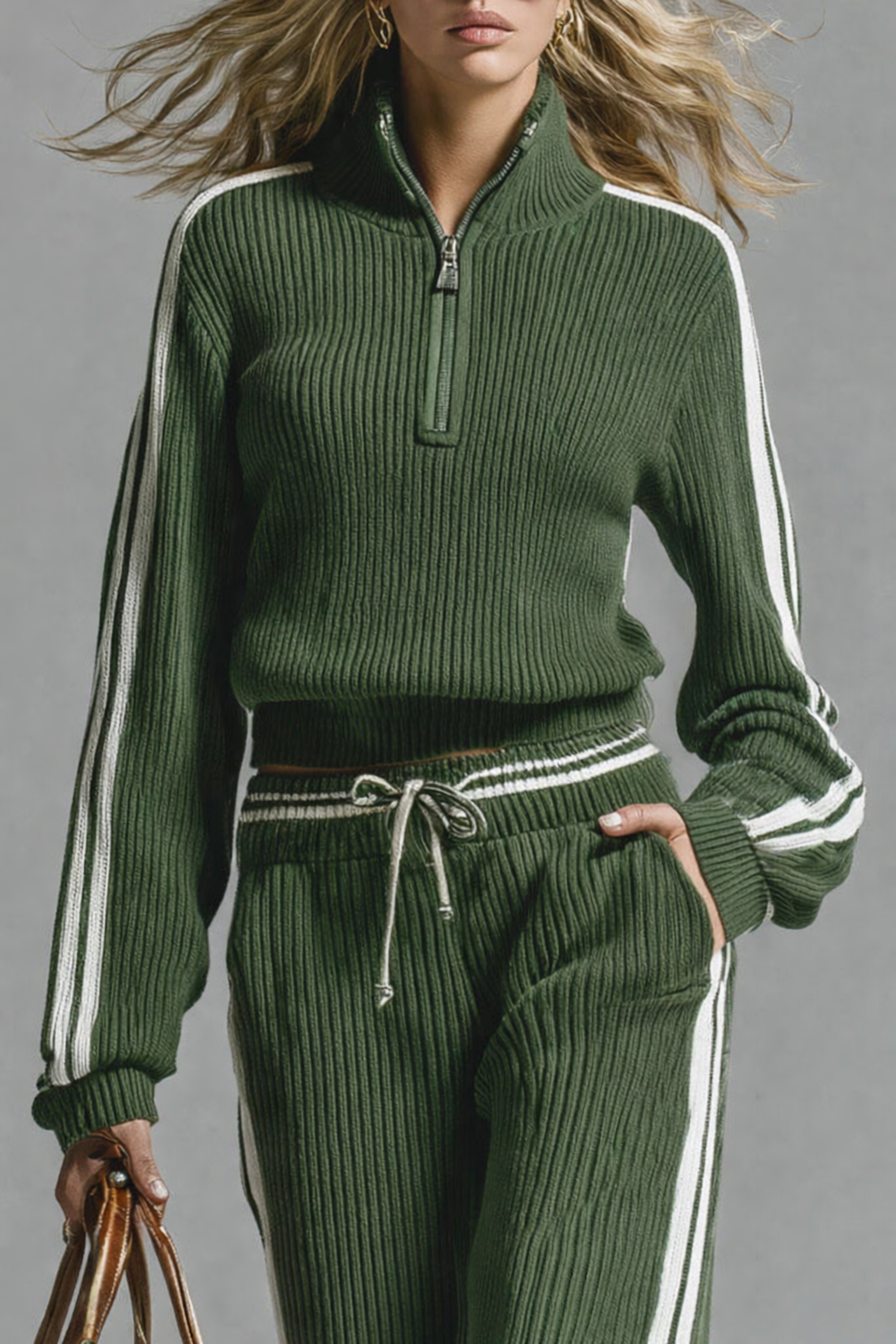 Wende Women's Knit Tracksuit Co-ord Set | Stripe Quarter-Zip Ribbed Loungewear | Casual & Everyday Wear