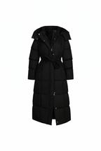 Women's Longline Puffer Jacket with Adjustable Waist and Water-Resistant Shell