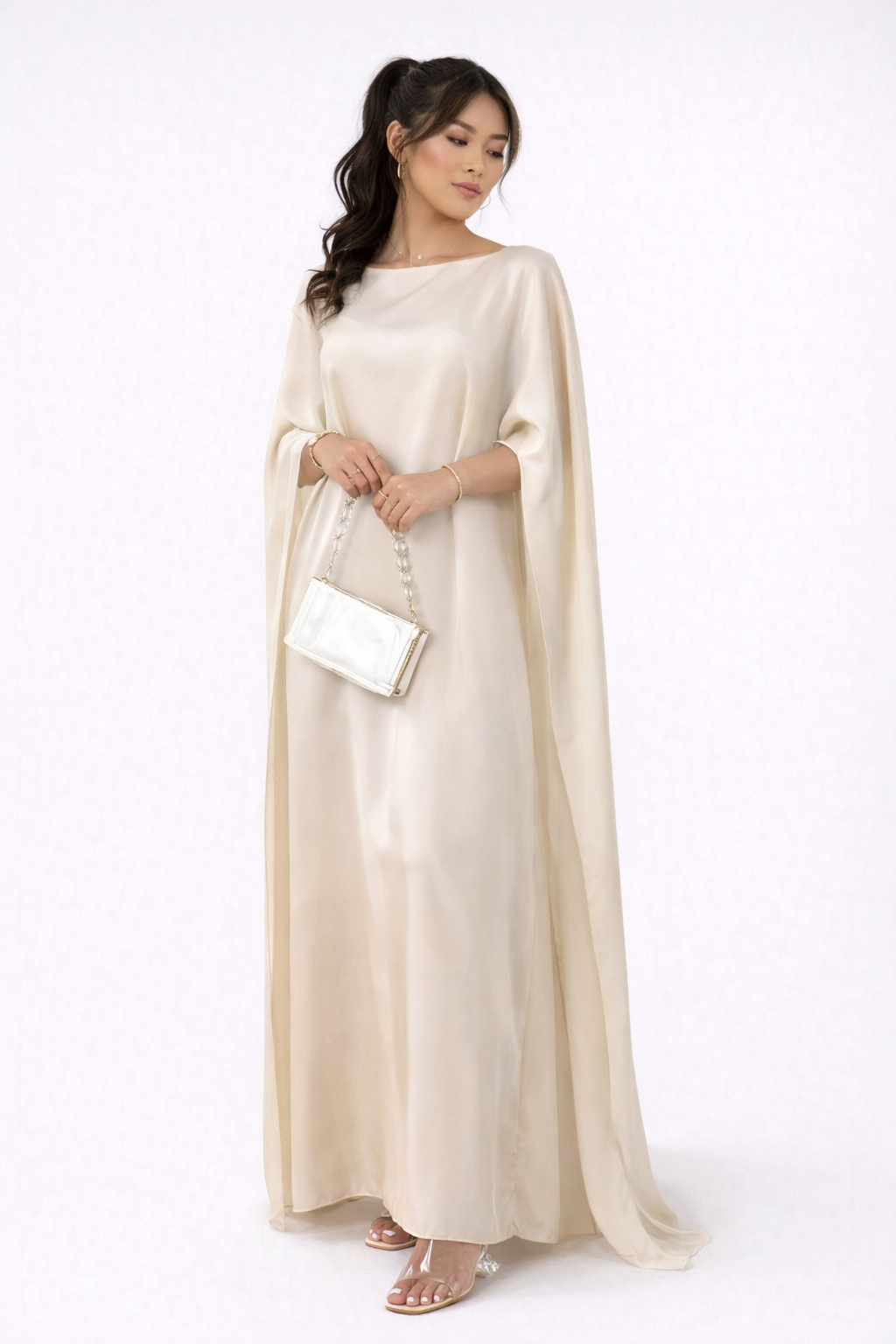 Alecia Women's Cape Sleeve Kaftan Maxi Dress | Satin Occasion Gown | Wedding Guest & Modest Wear