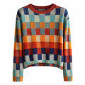 Women’s Knit Sweater with Check Pattern and Crew Neck