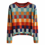 Women’s Knit Sweater with Check Pattern and Crew Neck
