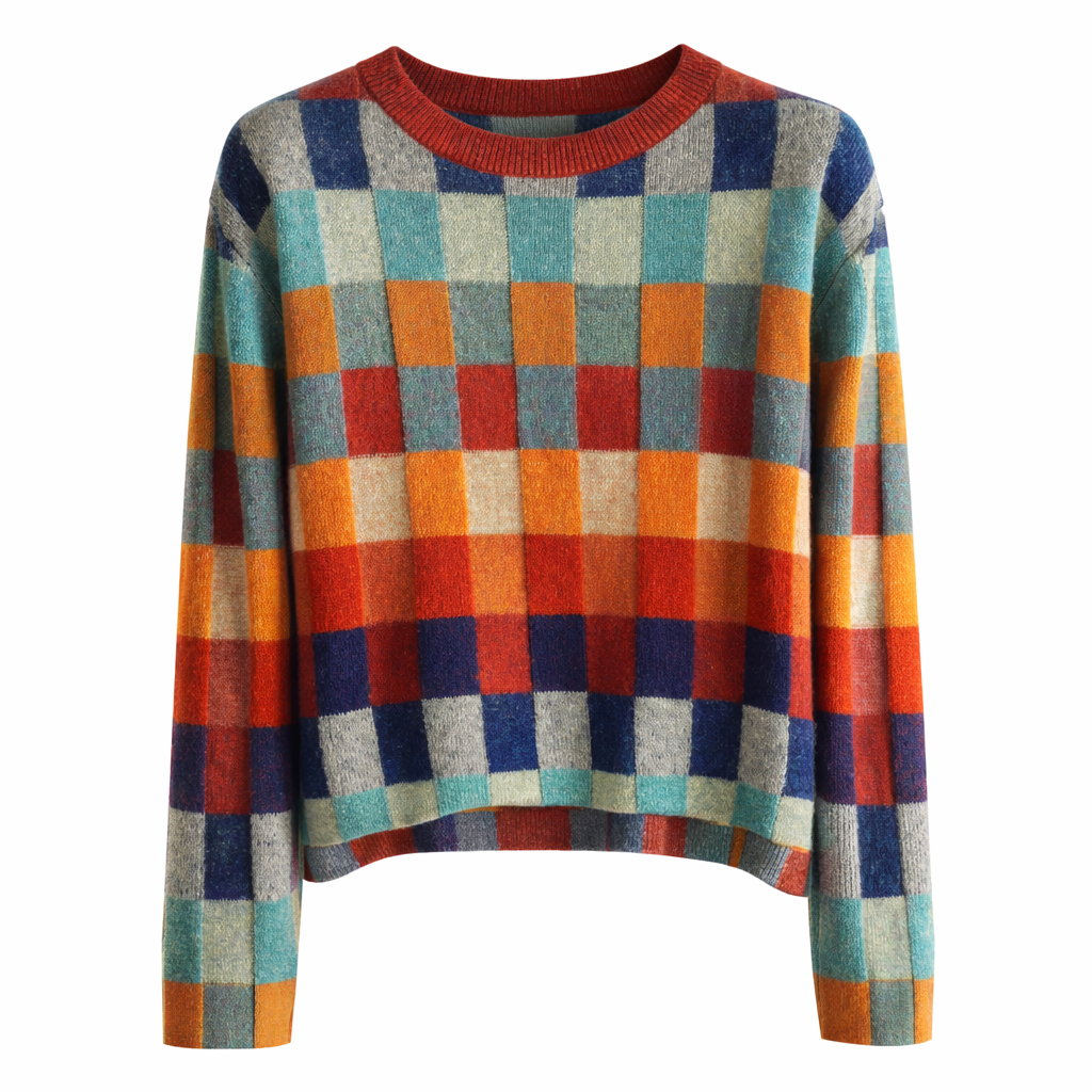 Women’s Knit Sweater with Check Pattern and Crew Neck
