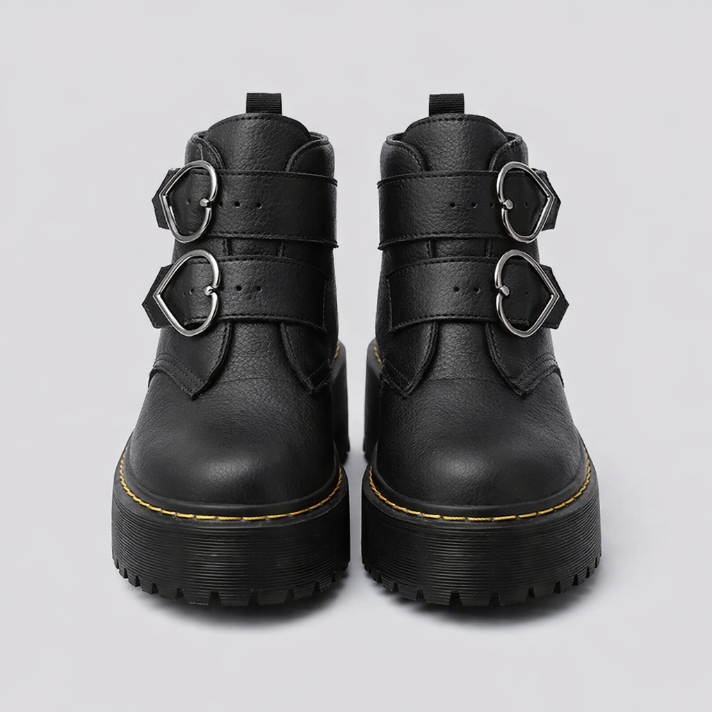 Valentijn Women's Block Heel Ankle Boots with Heart Buckle | Leather Heart Ankle Boots for Women