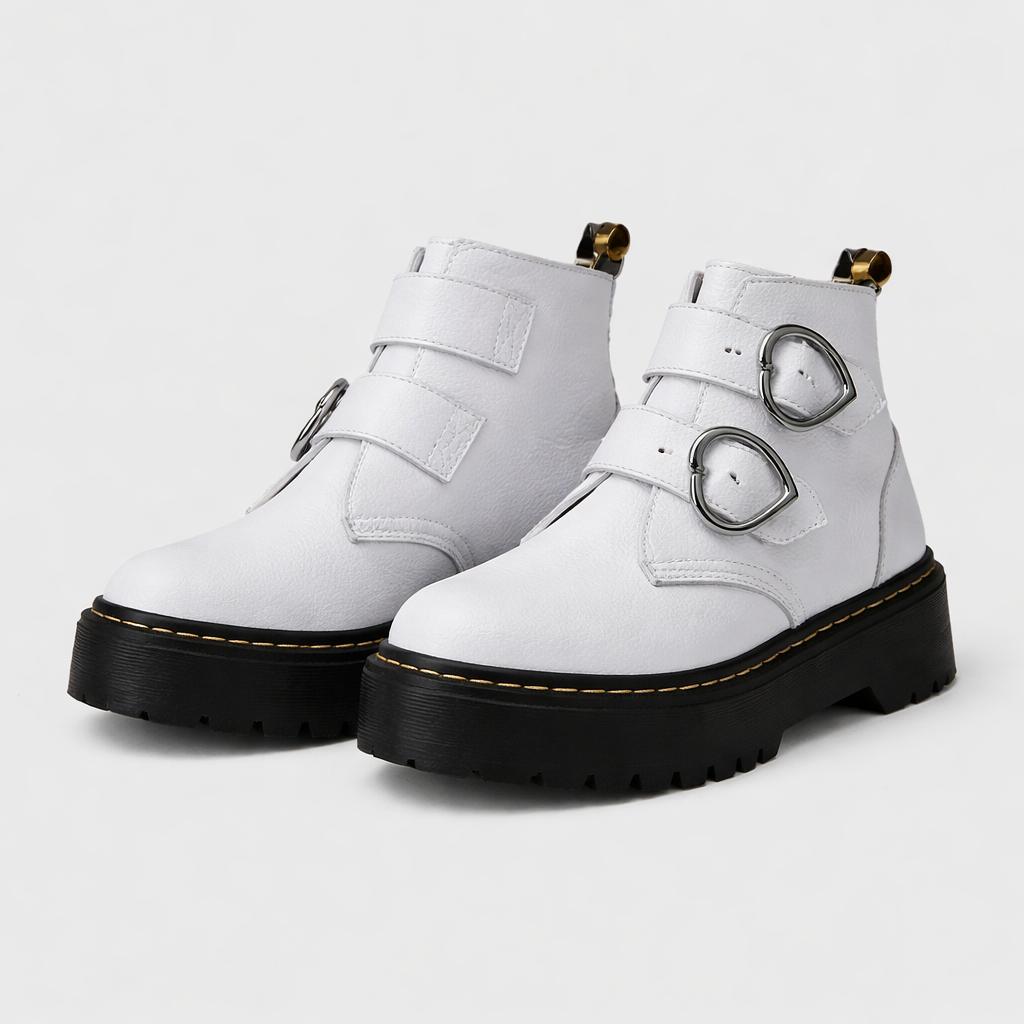 Valentijn Women's Block Heel Ankle Boots with Heart Buckle | Leather Heart Ankle Boots for Women