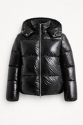 Glacia Women's Shiny Quilted Jacket with Removable Hood | High-Shine Padded Mid-Length Jacket for Women | Chic Outerwear