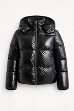 Glacia Women's Shiny Quilted Jacket with Removable Hood | High-Shine Padded Mid-Length Jacket for Women | Chic Outerwear