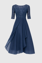 Vera Elegant Dress Woman – Lace & Chiffon Dress, A-Line, Mid-length & Short Sleeves