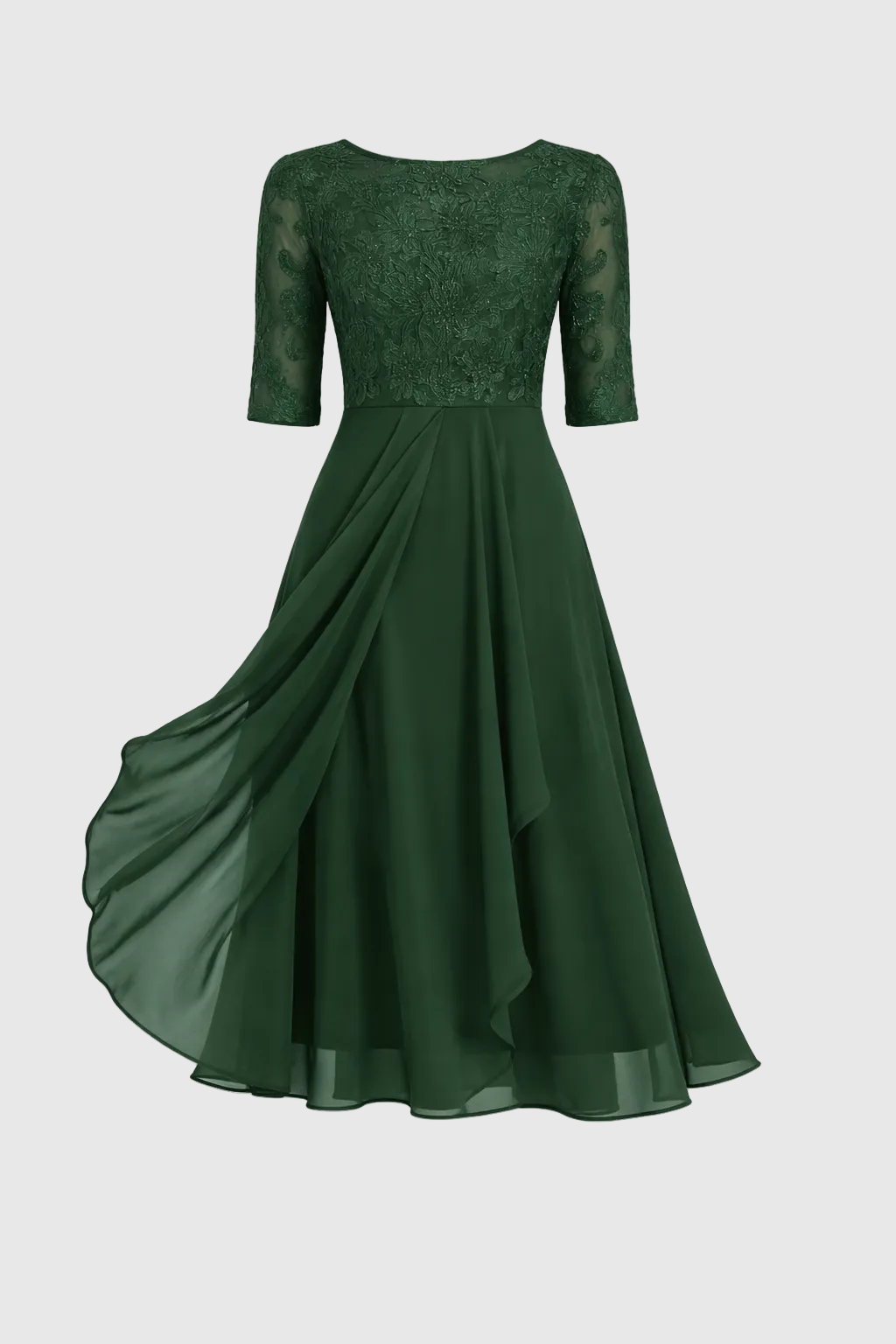 Vera Elegant Dress Woman – Lace & Chiffon Dress, A-Line, Mid-length & Short Sleeves