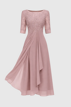 Vera Elegant Dress Woman – Lace & Chiffon Dress, A-Line, Mid-length & Short Sleeves