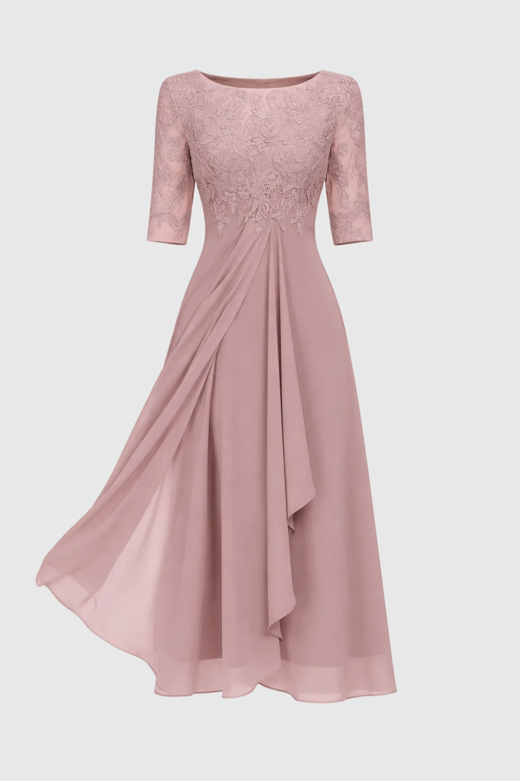 Vera Elegant Dress Woman – Lace & Chiffon Dress, A-Line, Mid-length & Short Sleeves