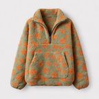 Women's Floral Sherpa Pullover | Oversized Teddy Fleece Quarter-Zip Jumper | Cosy Casual Knitwear
