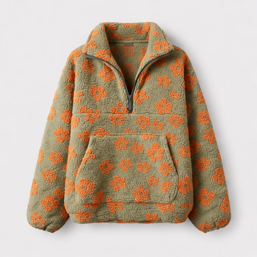 Women's Floral Sherpa Pullover | Oversized Teddy Fleece Quarter-Zip Jumper | Cosy Casual Knitwear