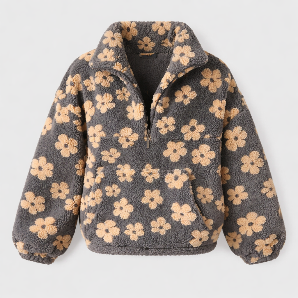 Women's Floral Sherpa Pullover | Oversized Teddy Fleece Quarter-Zip Jumper | Cosy Casual Knitwear