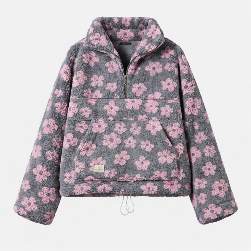 Women's Floral Sherpa Pullover | Oversized Teddy Fleece Quarter-Zip Jumper | Cosy Casual Knitwear
