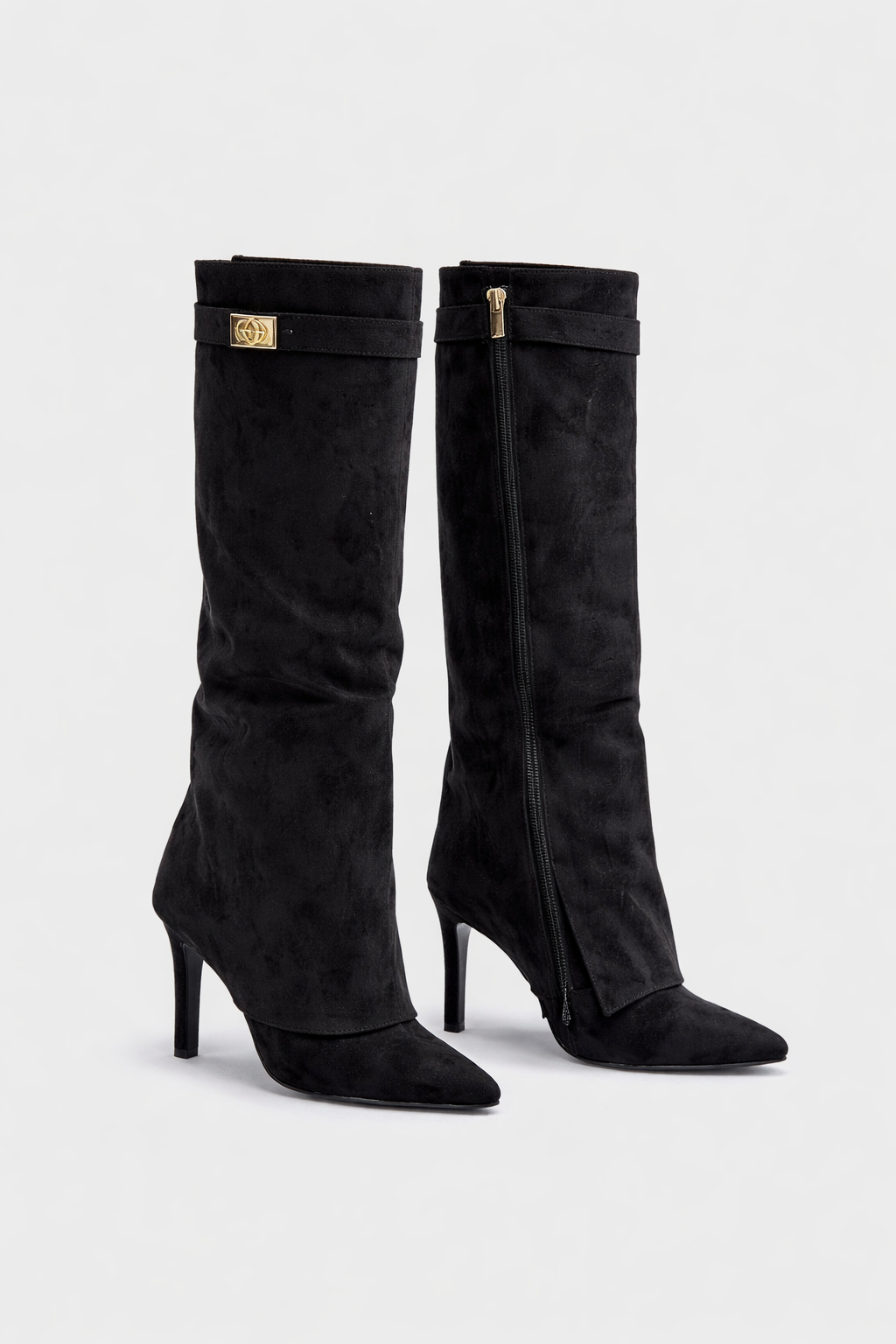 Zohra Women's Faux Suede Knee-High Boots with Flap | Block Heel Fold-Over Boots for Women