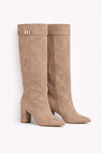 Zohra Women's Faux Suede Knee-High Boots with Flap | Block Heel Fold-Over Boots for Women