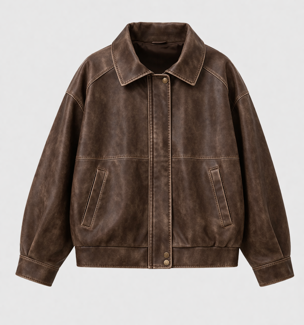 Nova Women's Oversized Brown Faux Leather Biker Jacket | Vintage Streetwear Moto Jacket for Women