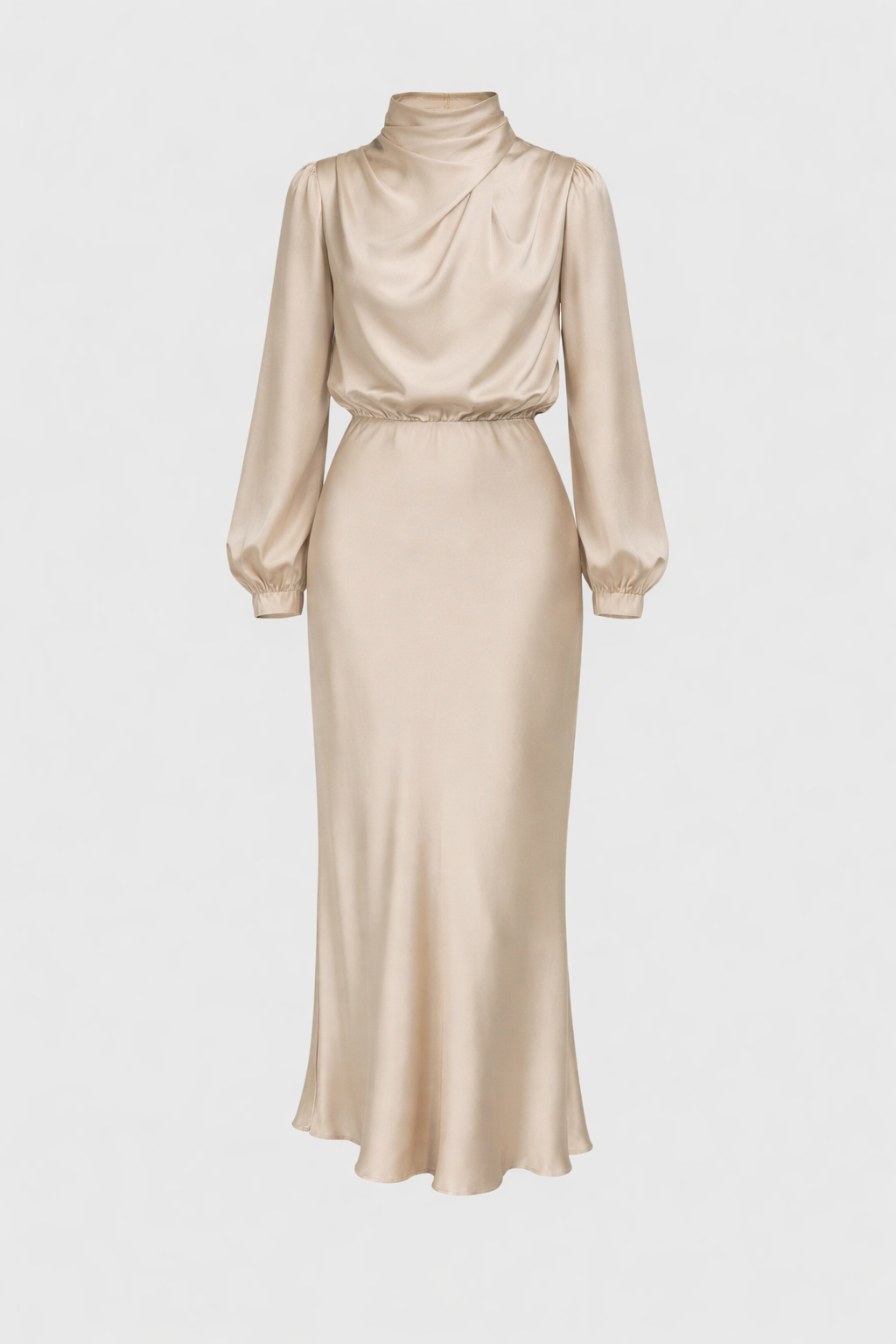 Ellana Women's Satin High Neck Midi Dress | Puff Sleeve Elegant Occasion Dress | Evening & Smart Casual