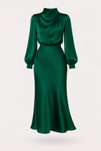 Ellana Women's Satin High Neck Midi Dress | Puff Sleeve Elegant Occasion Dress | Evening & Smart Casual