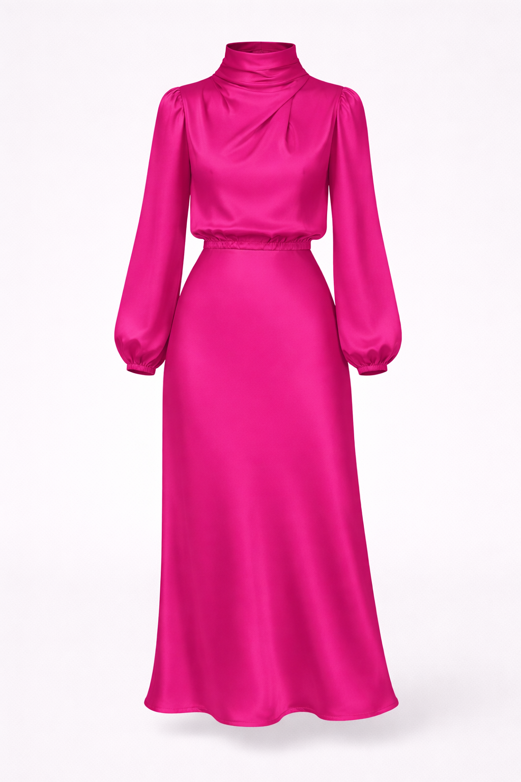 Ellana Women's Satin High Neck Midi Dress | Puff Sleeve Elegant Occasion Dress | Evening & Smart Casual