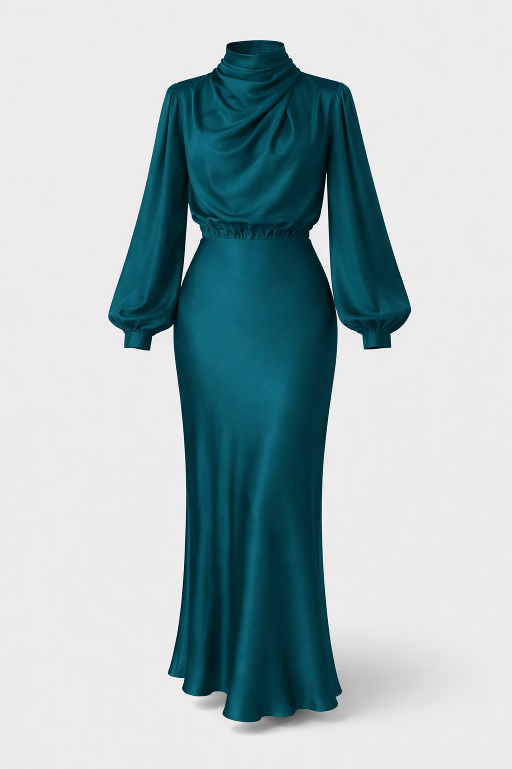 Ellana Women's Satin High Neck Midi Dress | Puff Sleeve Elegant Occasion Dress | Evening & Smart Casual