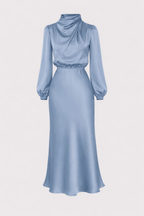 Ellana Women's Satin High Neck Midi Dress | Puff Sleeve Elegant Occasion Dress | Evening & Smart Casual