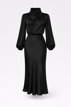 Ellana Women's Satin High Neck Midi Dress | Puff Sleeve Elegant Occasion Dress | Evening & Smart Casual