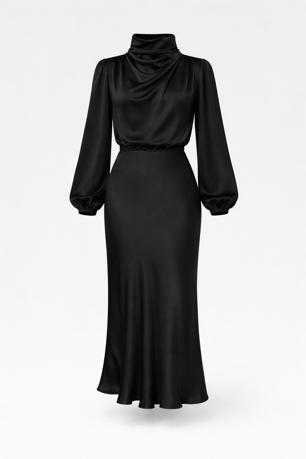 Ellana Women's Satin High Neck Midi Dress | Puff Sleeve Elegant Occasion Dress | Evening & Smart Casual